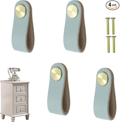 Leather Drawer Pulls and Knobs Soft Cabinet Handles Modern Cabinets Door Knob for Furniture Cupboards Wardrobe Dresser Decorative Handle with Screw 4 Pcs (Light Blue)