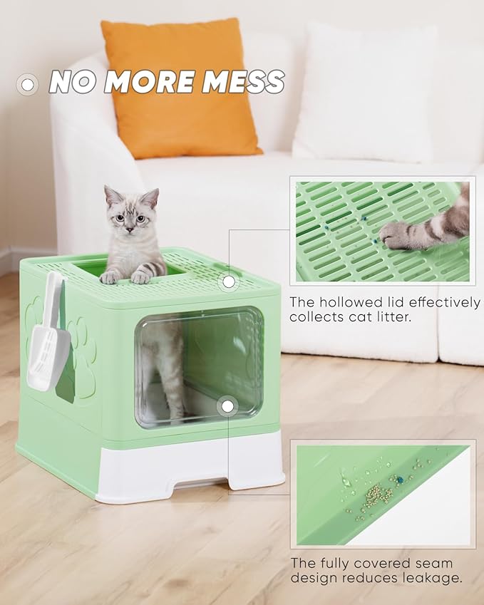 Enclosed Cat Litter Box, Large Litter Box for Big Cats, Covered Kitty Litter Boxes with Lid, Top Entry Cat Box Enclosure with Scoop, Odor Control, Easy to Clean(Green)-Mewly Pet