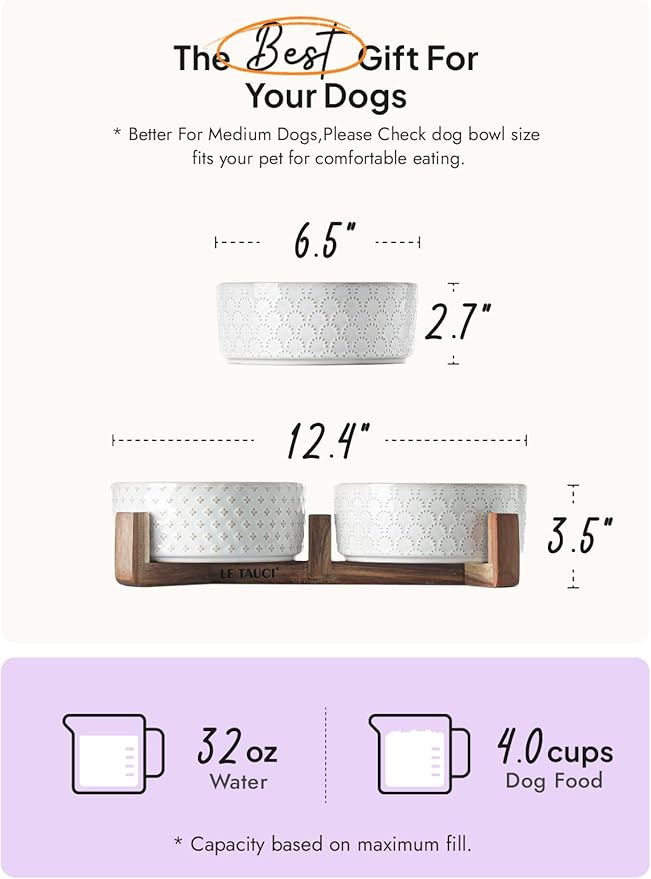 Dog Bowls Ceramic for Small Medium Dogs - 3-Cup Dual Food & Water Bowl Set with Acacia Wood Stand, Non-Slip Anti-Tip Elevated Design-Mewly Pet
