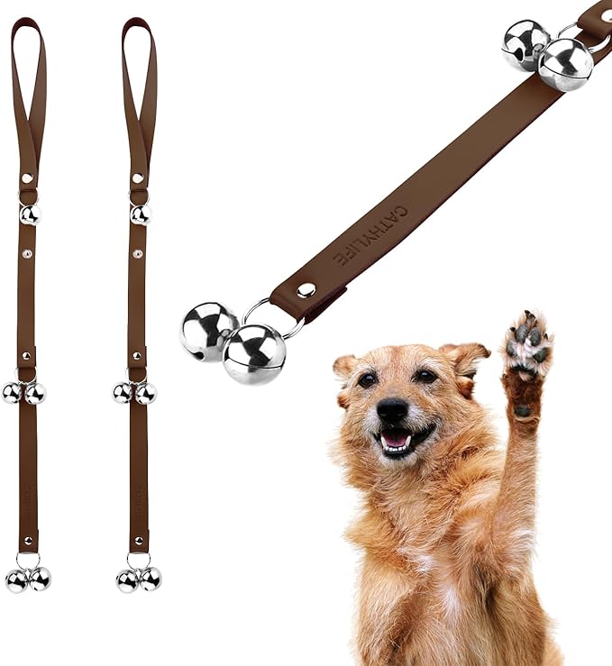 Leather Dog Doorbells for Door Knob/Potty Training/Go Outside, Length Adjustment Copper Dog Bell, Housetraining Hanging Bell, Dark Brown Leather Silver Bells - 2 Pack-Mewly Pet