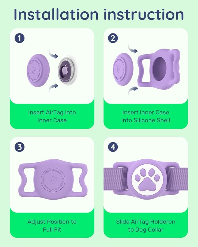 IP68 Waterpoof Dog Airtag Holder, Stretchy Silicone Full Body Covered Apple Air Tag Holder for Dog Cat Collar Fit All Width Collar (Purple, 1 Pack)-Mewly Pet