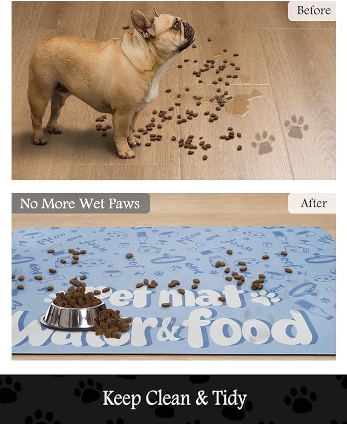 Pet Feeding Mat-Absorbent Dog Mat for Food and Water Bowl-No Stains Quick Dry Water Dispenser Mat-Dog Accessories Pet Supplies-Bowl for Messy Drinkers（PAW,17"x34"