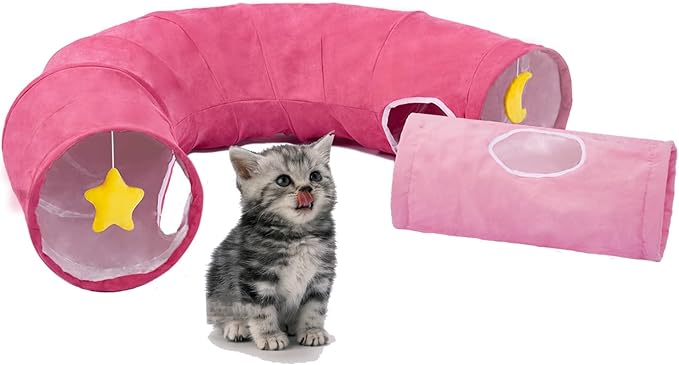 Cat Tunnel, Large Indoor Durable Collapsible Interactive Cat Tube with Peek-A-Boo Hole, Hanging Toys, and Crinkly Paper Lining - Cute Tunnel for Cats, Kittens, Puppies & Rabbits, Pink-Mewly Pet