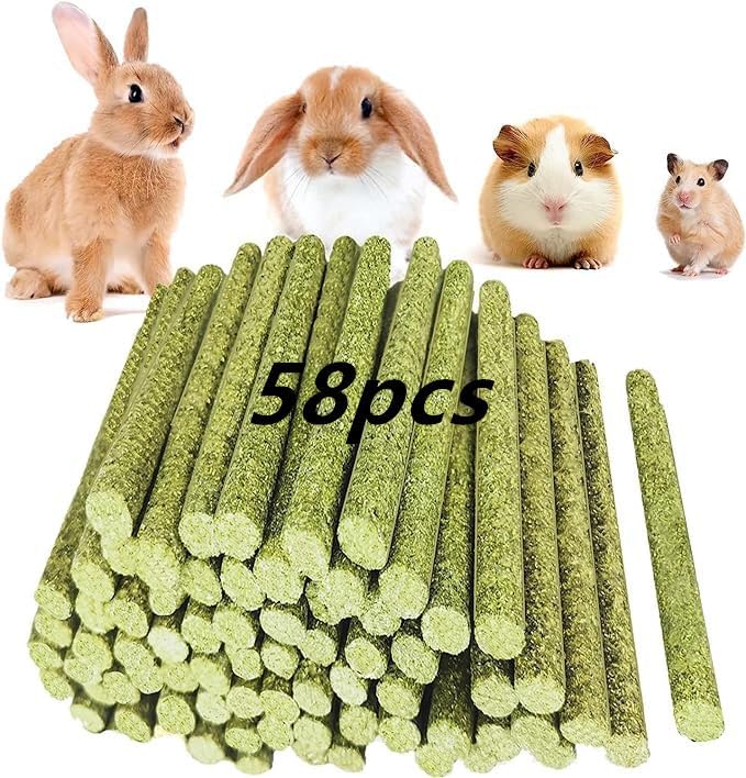 Rabbit Toys,Timothy Hay Stick for Guinea Pig Toy Bunny Chew Toys for Teeth Grinding Hamster Alfalfa Bite Treat Rabbit Molar Food Snack for Pet Rat Chinchilla Squirrel Gerbil-58PCS-Mewly Pet