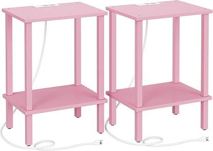 TUTOTAK End Table with Charging Station, Set of 2, Small Side Table with Outlets, Nightstand Bedside Table, 2-Tier Storage Shelf for Small Space, Living Room, Bedroom Pink TB01BP041