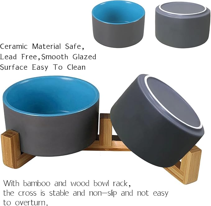 Petygooing Heavy 5.1 in Ceramic Cat Dog Bowls Set with Wood Stand for Food and Water, Non-Slip Cute Modern Pet Dish for Small Size Dogs and Cats (13.5OZ) Medium Sized Dogs (28OZ) Grey Blue-Mewly Pet