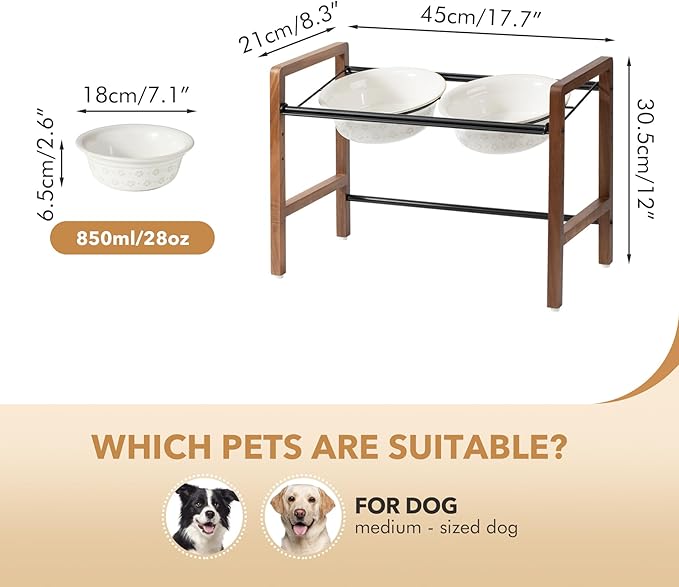 7.1inch Ceramic Adjustable Raised Double Bowls Set with Stand, 3 Heights Elevated, 2 Placement Options,Food and Water Bowls for Medium and Large Dog(Reactived Glaze -White)-Mewly Pet