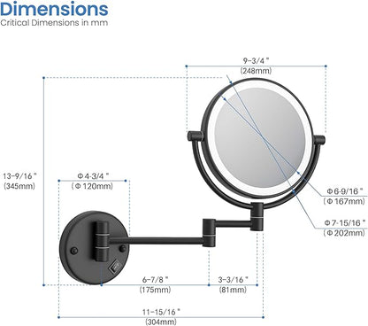 KIBI Circular Wall Mount Makeup Mirror with LED Lights, Dual-Sided 1x/5x Magnifying Mirror with Adjustable Arm, 360° Swivel, Solid Brass Construction for Durability and Style (Matte Black, KMM101)