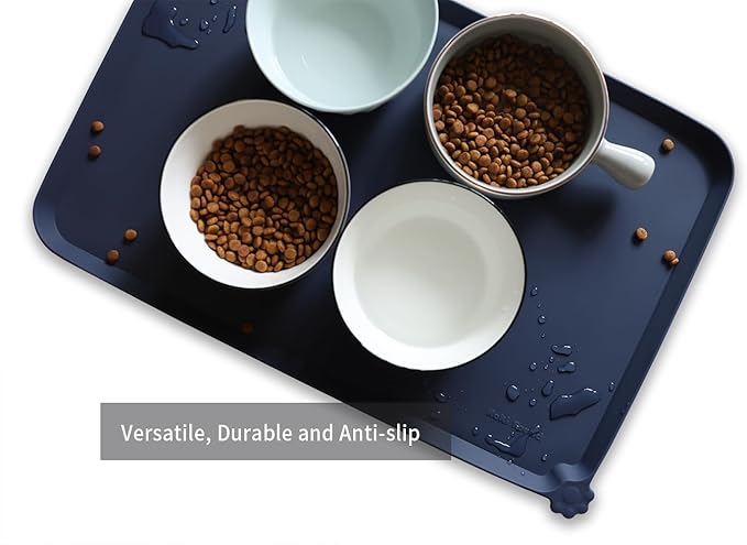 Hoki Found L Silicone Non Slip Pet Dog Cat Bowl Mats - Placemat - Waterproof Dog Cat Food Mats for Carpet - French Navy-Mewly Pet