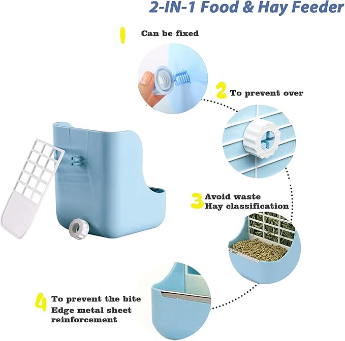 HERCOCCI PET Feeder and Water Bottle Set, Large Blue (500ml), Durable Hay Food Bin Feeder, Food Bowl, Gravity-Fed Water Dispenser for Rabbit, Guinea Pig, Chinchilla-Mewly Pet