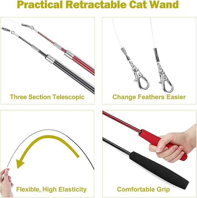 Interactive Cat Toys - Retractable Wand Toy and Feather Toys Refills for Indoor Cats to Chase and Exercise-Mewly Pet