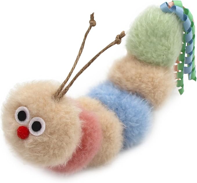 Interactive Natural Catnip Kicker, with Rattle and Ribbon, Bite Resistant, for All Ages Indoor Cat, Soft Caterpillar Kicker, Fluffy Kitten Toy-Mewly Pet