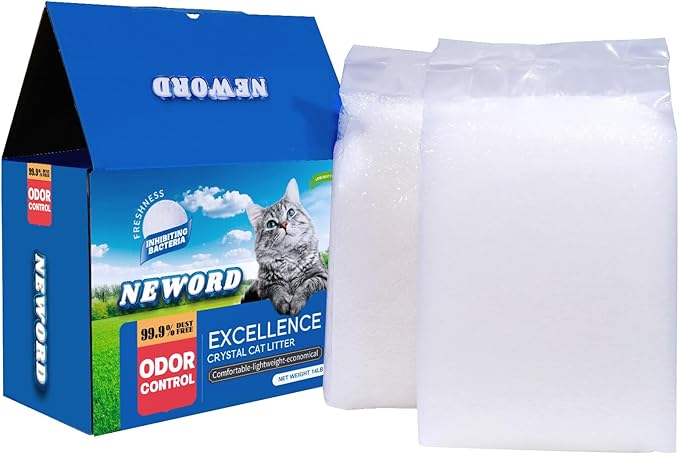NEWORD Crystals Cat Litter Superior Odor Control 14 lbs Total (2 Pack of 7lb Bags) Soft-On-Paws Low Tracking Dust-Free White Silica Gel, Unscented-Mewly Pet