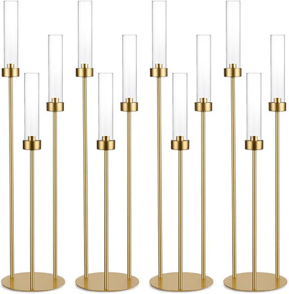 Vincidern 4pcs Gold Candelabra 3 Arm Taper Candle Holders with Acrylic Shades, Decorative Metal Candlestick Holders for Wedding Table Centerpiece, Halloween,Christmas, Party, Events Decor
