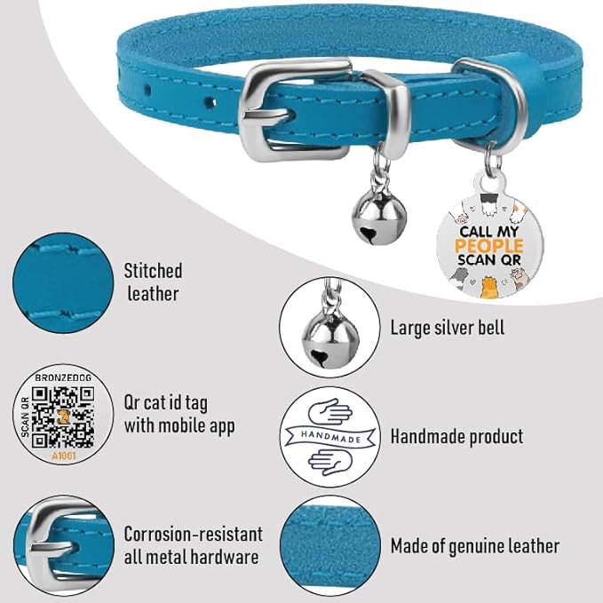 BRONZEDOG Leather Cat Collar with Removable Bells Non Breakaway Kitten QR Tag for Girl Boy (9" - 12" Cats/Mini Dogs, Blue & Silver)-Mewly Pet