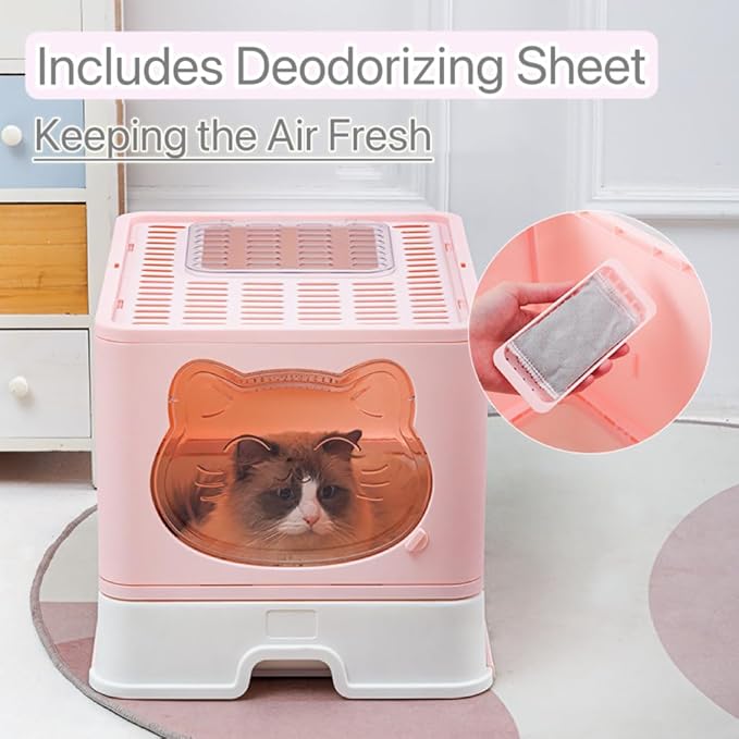 Top Entry Cat Litter Box with Lid, Anti-Splash Foldable Cat Litter Box with Activated Carbon Keeping Air Fresh, Drawer Type Easy to Clean (Green)-Mewly Pet