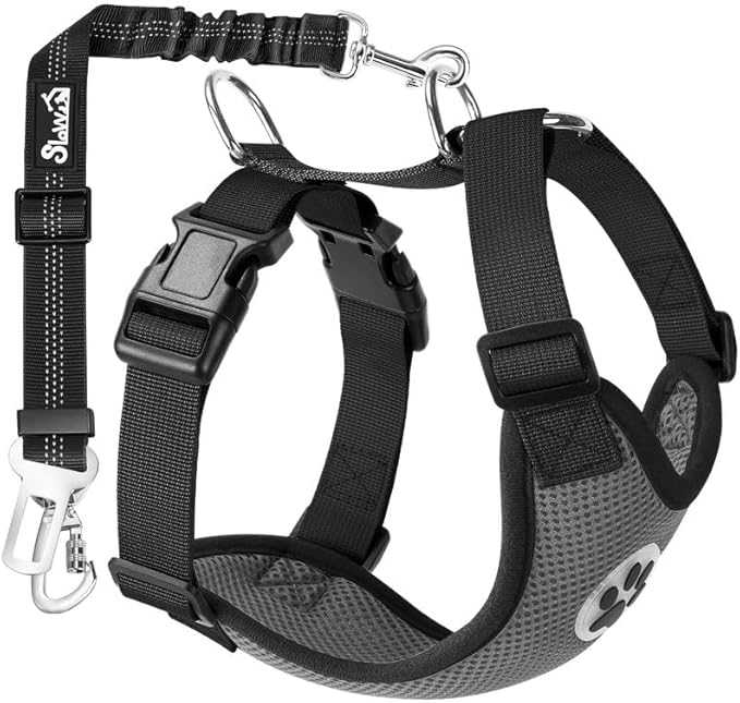 SlowTon Dog Seat Belt Harness for Car, Dog Car Harness Adjustable Mesh Breathable & Dog Seatbelt Safety Tether with Elastic Bungee for Small Medium Large Pets(Grey, Double Clip, M)-Mewly Pet