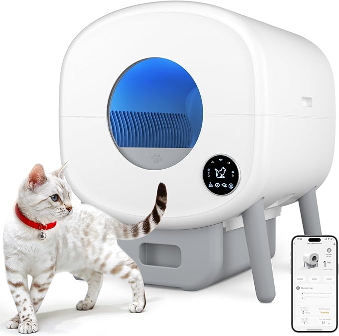 Cumrige Self Cleaning Litter Box, Large Capacity Automatic Cat Litter Box Self Cleaning for Cats, App Control,Safety Protection, 2 Roll Garbage Bags,White & Grey-Mewly Pet