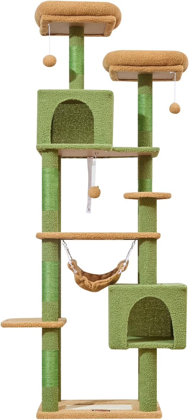Taoqimiao Cat Tree, 68-Inch Cat Tree Cat Tower for Indoor Cats, Plush Multi-Level Cat Condo with 6 Scratching Posts, 2 Perches, 2 Caves,Hammock, 3 Pompoms,MS020ST Cactus-Mewly Pet