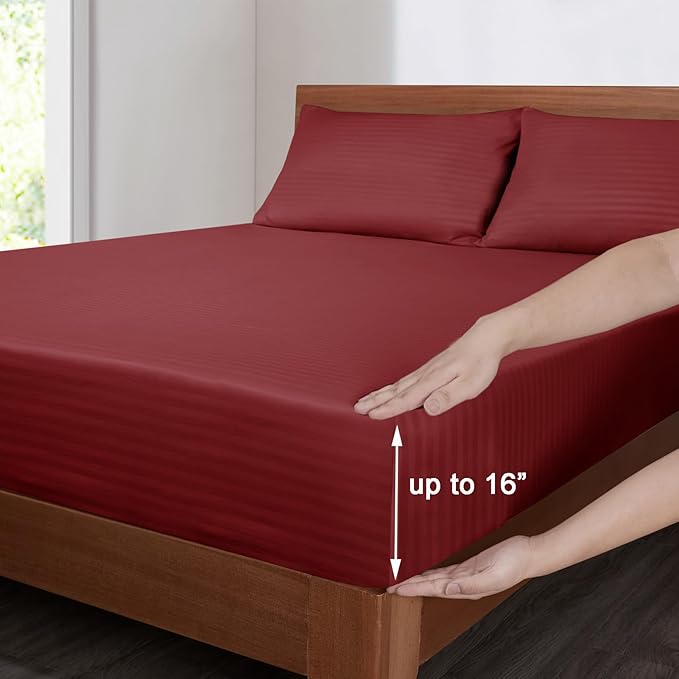 Mejoroom Striped Queen Size Sheet Set - Hotel Luxury 1800 Bedding Sheets & Pillowcases - Deep Pocket Fitted Sheet, Soft, Breathable, Wrinkle & Fade Resistant - 4 Piece (02-Burgundy)