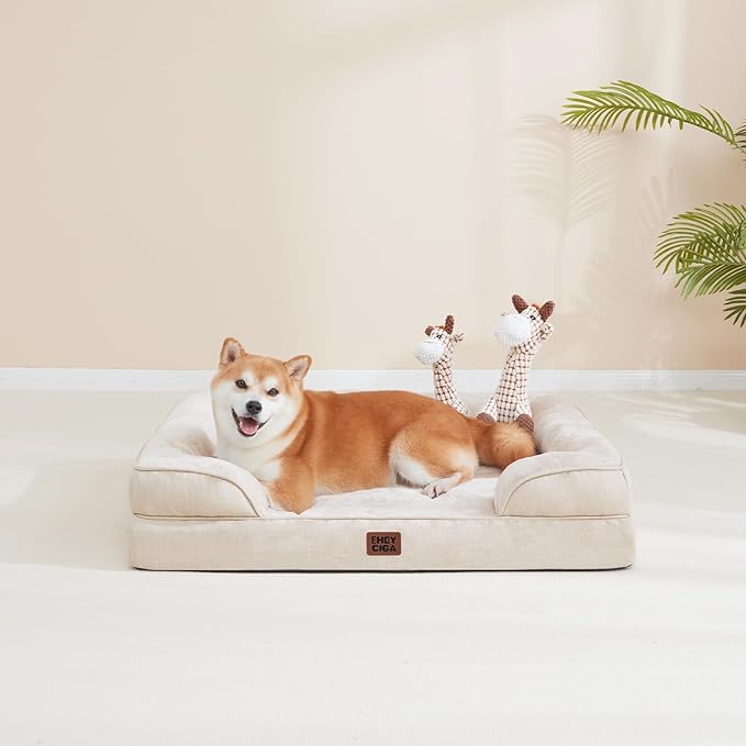 EHEYCIGA Orthopedic Dog Beds for Extra Large Dogs, Waterproof Memory Foam XL Pet Bed with Sides, Non-Slip Bottom and Egg-Crate Foam Big Dog Couch Bed with Washable Removable Cover, Beige-Mewly Pet
