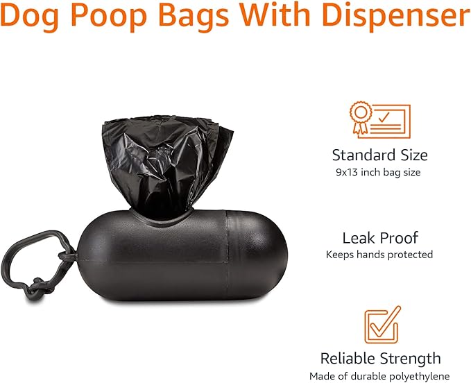 Amazon Basics Dog Poop Bags with Dispenser, 600 Count, Enhanced for Guaranteed Leakproof, Unscented, Includes Leash Clip-Mewly Pet