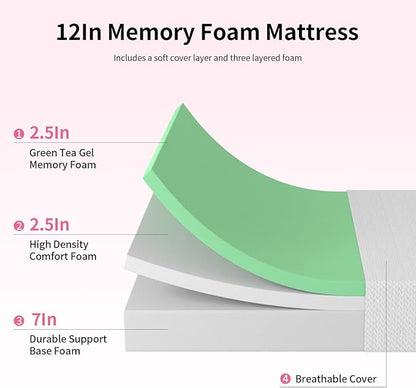 PayLessHere 12 Inch Green Tea Memory Foam Mattress,Bed-in-a-Box Medium Firm Mattress CertiPUR-US Certified Breathable Bed Mattress for Cooler Sleep Supportive & Pressure Relief,Twin