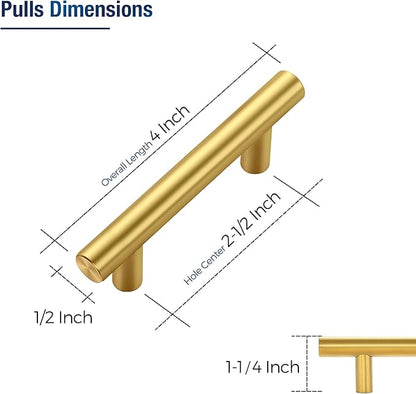 JOY DECOR 5 Pack Cabinet Handles, Gold Cabinet Pulls, 2-1/2 in Hole Center Kitchen Cabinet Handles, Stainless Steel T Bar Handles for Dresser Drawers