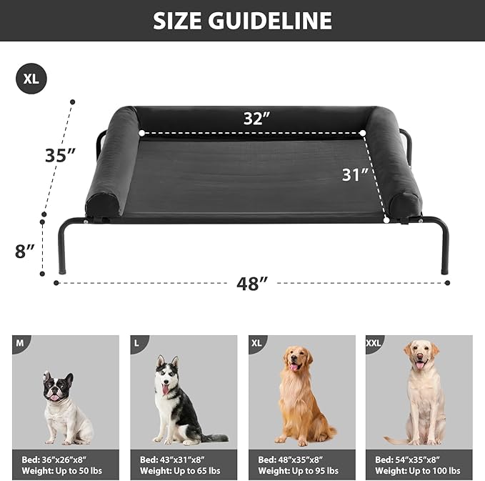 RRPETHOME Large Elevated Cooling Dog Bed, Raised Dog Cot Beds for Large Dogs, Elevated Outdoor Pet Cot, Chew Proof Portable Cooling Pet Cot with Skid-Resistant Feet and Breathable Mesh-Mewly Pet