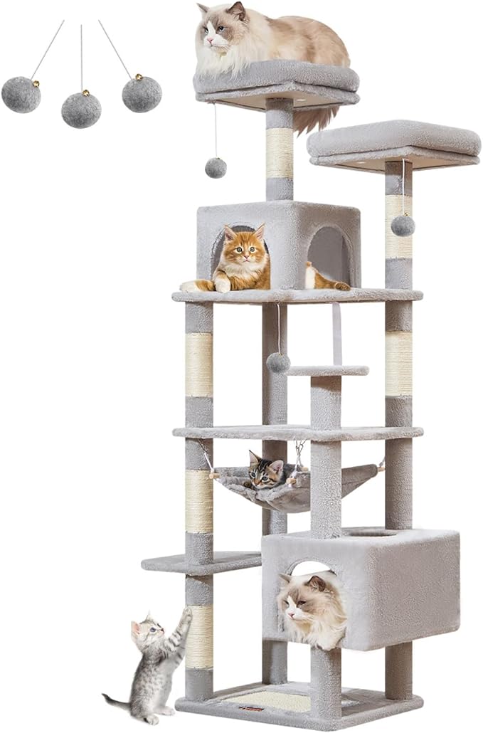Taoqimiao Cat Tree, 68-Inch Cat Tree Cat Tower for Indoor Cats, Plush Multi-Level Cat Condo with 6 Scratching Posts, 2 Perches, 2 Caves,Hammock, 3 Pompoms,MS020SW Light Gray-Mewly Pet