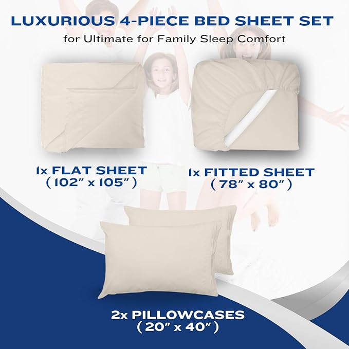 DREAMCARE Queen Sheet Set – 4 pcs Cooling Sheets – up to 21” Extra Deep Pocket Queen Sheets – Hotel Luxury Sheets & Pillowcases – Superior Softness 100% Fine Microfiber with Side Pocket – Ivory