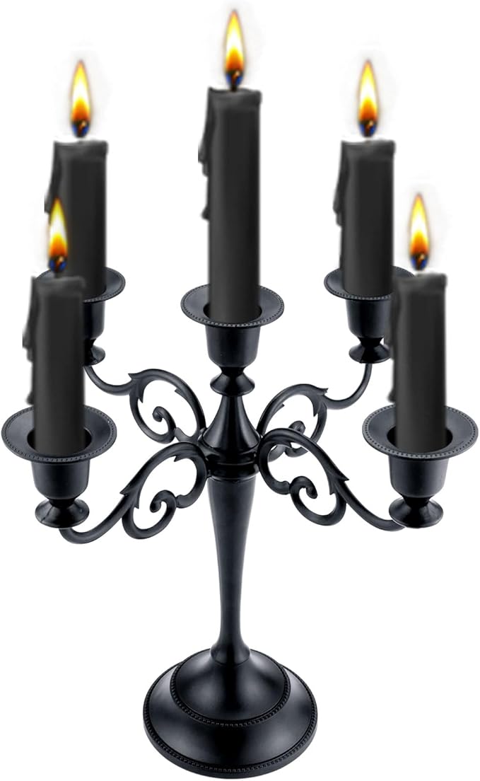 Metal Candle Holder，5 Arms Pure Black Candle Holders for Pillar Candles（10.6 inch Tall Candlestick Holders, for 1/2-1 inch Taper Candles Diameter Each）,Candelabra Decoration