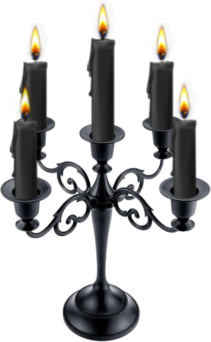 Metal Candle Holder，5 Arms Pure Black Candle Holders for Pillar Candles（10.6 inch Tall Candlestick Holders, for 1/2-1 inch Taper Candles Diameter Each）,Candelabra Decoration
