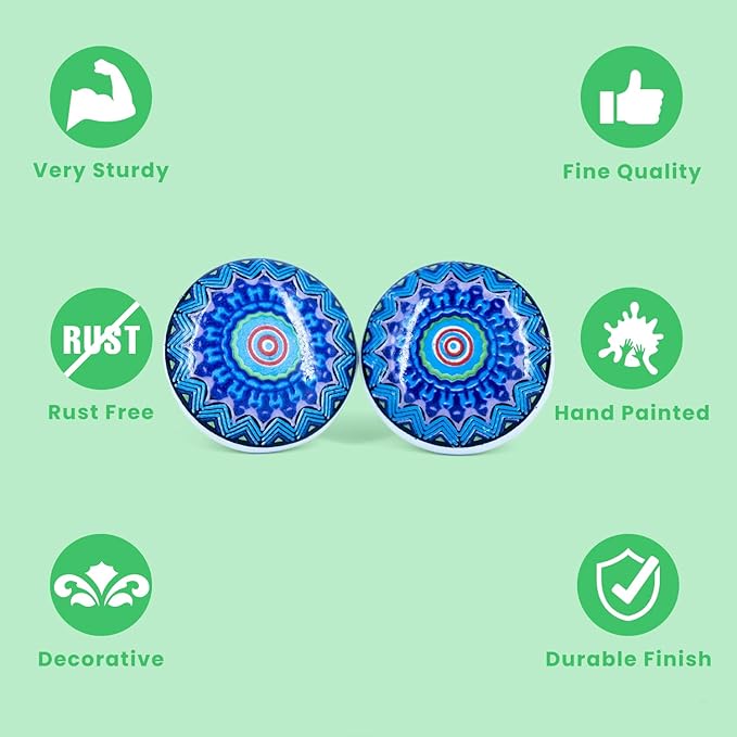 Handmade Blue Mandala Design Ceramic Stone Cabinet Knobs, Vintage Decorative Drawer Pulls for Trendy Cabinets, Modern Dressers & Cupboards, Knobs for Kitchen & Furniture-Set of 6
