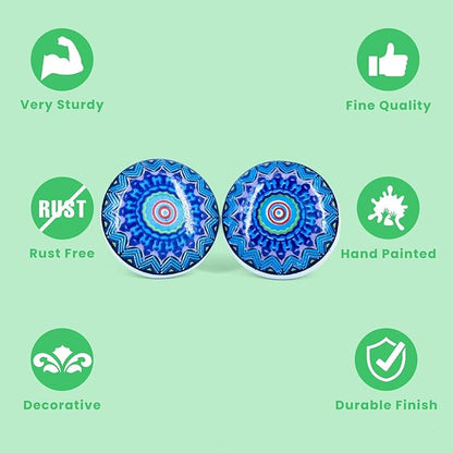 Handmade Blue Mandala Design Ceramic Stone Cabinet Knobs, Vintage Decorative Drawer Pulls for Trendy Cabinets, Modern Dressers & Cupboards, Knobs for Kitchen & Furniture-Set of 6