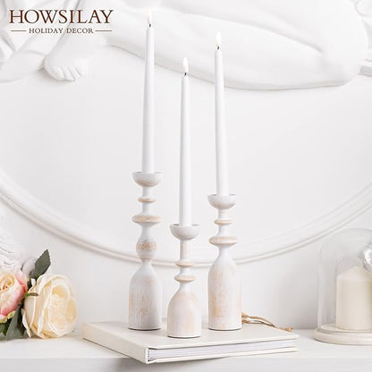 HOWSILAY Wood Candle Holder Candlestick Holders for Table Centerpiece - Rustic Farmhouse Decor Candle Stand fits 3/4" or 7/8" Taper Candle&Dia 1.5" Led Tea Lights or Pillar Candles(White)