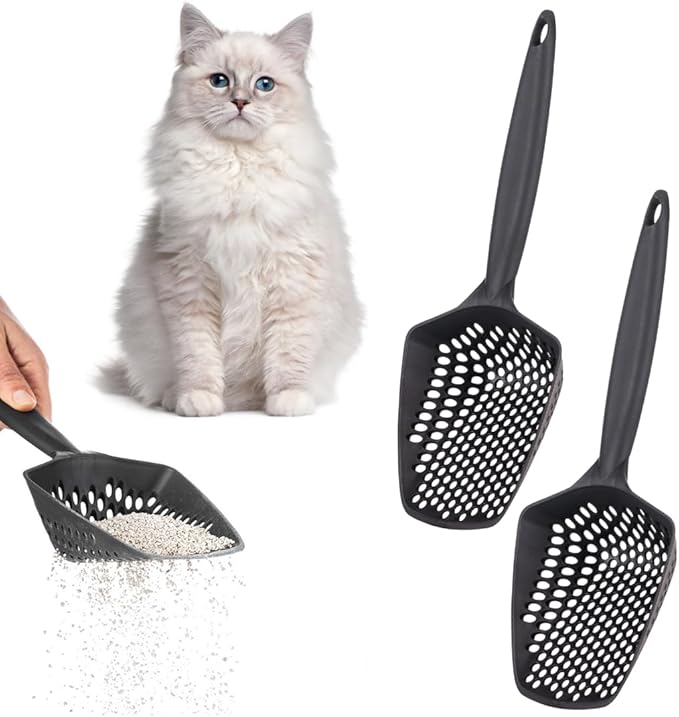 Set of 2 Cat Litter Scoop with Small Holes for Fine Litter, Hanging Handle Deep Reptile Terrarium Sand Sifter, Poop Scooper Rabbit Pooper Lifter Kitten Sifting Shovel (Black, Set of 2)-Mewly Pet