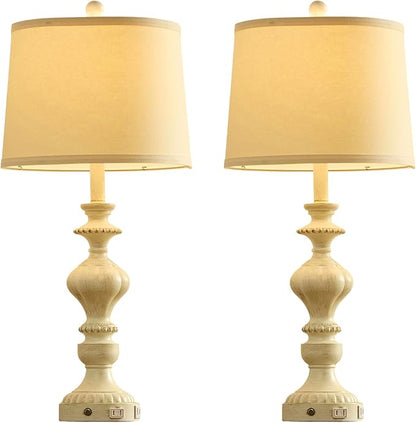 27.5" Farmhouse Table Lamps Set of 2 Bedside Nightstand Lamp with USB C+A Ports & AC Outlet, 3 Way Dimmable Touch Lamps for Bedroom Living Room Office Rustic Lamp (White Gold)