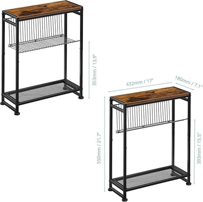 Small Side Table for Small Spaces - Slim End Table with Magazine Holder - 2 in 1 Design Narrow End Table Living Room - Skinny Bedside Table Nightstand Bedroom Thin Side Table, Rustic Brown