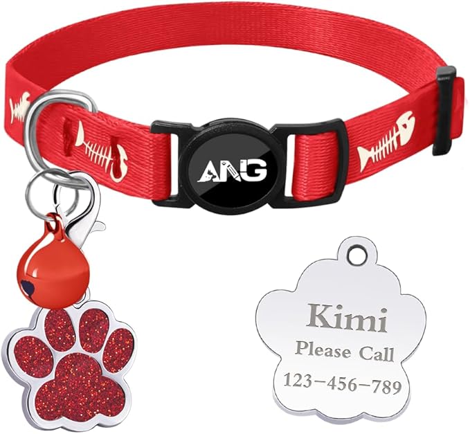 Personalized Breakaway Cat Collars Glow-in-The-Dark with ID Tag, Bell - Safety Quick - Release, Customizable for Female Male Kittens & Cats (Red)-Mewly Pet