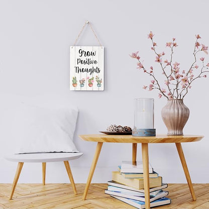 Rustic Grow Positive Thoughts Wood Hanging Sign, Farmhouse Summer Artwork Decor, Cactus and Succulent Wooden Plaque Sign Wall Art Decor Signs Home Decoration 8 x 10 Inches