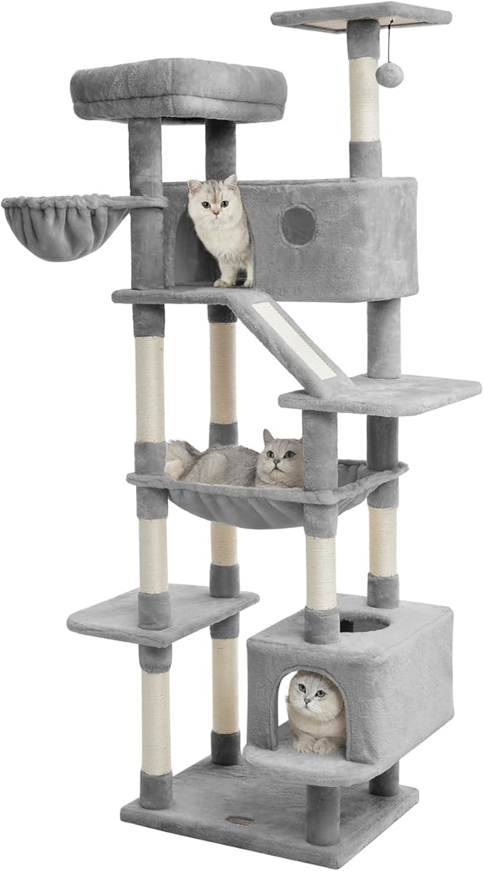 73 inches Large Cat Tree for Indoor Cats, Tall Cat Tower with Sisal Scratching Posts and Pads, Padded Plush Perch, Cozy Basket, Plush Condo for Large Cats (Grey)-Mewly Pet