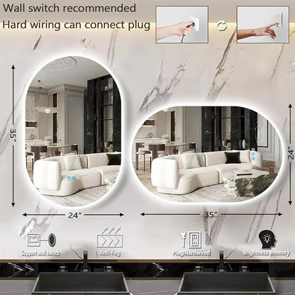 THEKLA 24 x 36 inch LED Oval Backlit Mirror for Bathroom Salon Wall Vertical/Horizontal Mount Makeup Frameless 36 Backlight Oval Lighted Vanity Mirror with Lights Smart Memory 3 Color Dimmable AntiFog