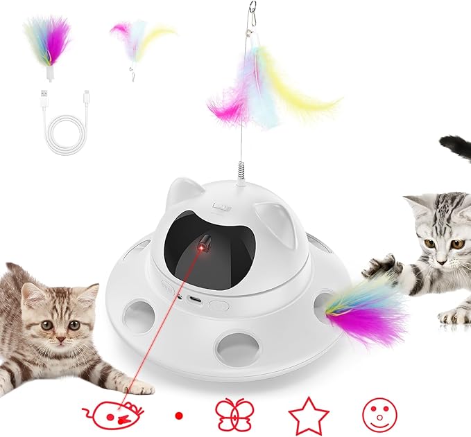3-in-1 Cat Laser Toy & Interactive Automatic Motion-Activated Kitten Toy – 6 Holes Whack-A-Mole Feather & Moving Ambush Fun – USB Rechargeable, Apply to – Indoor Exercise for Cats of All Breeds-Mewly Pet