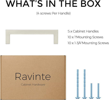 Ravinte 5 Pack Solid 3-3/4 Inch Center to Center Slim Square Bar Dresser Drawer Handles Kitchen Cabinet Handles Brushed Nickel Drawer Pulls Kitchen Cabinet Hardware Pulls