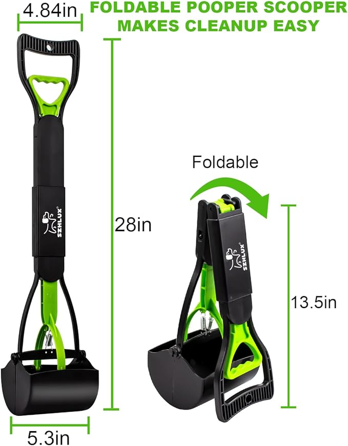 SZHLUX 28" Pooper Scooper, Foldable Dog Pooper Scooper with Unbreakable Material and Durable Spring for Grass and Gravel, Green-Mewly Pet