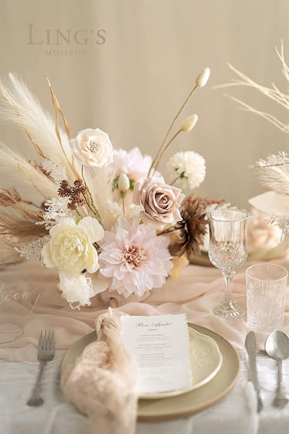 Ling's Moment Artificial Flowers Fake Silk Roses Faux Foam Dahlia Combo for DIY Wedding Bouquets Centerpieces Arrangements Bridal Shower Party Home Decorations, Morandi Peach & Cream, 24pcs