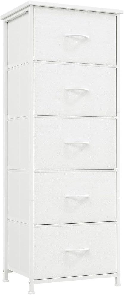 Somdot Tall Dresser for Bedroom with 5 Drawers, Storage Organizer Chest of Drawers with Removable Fabric Bins for Closet Bedside Living Room Laundry Entryway Hallway, White Leather