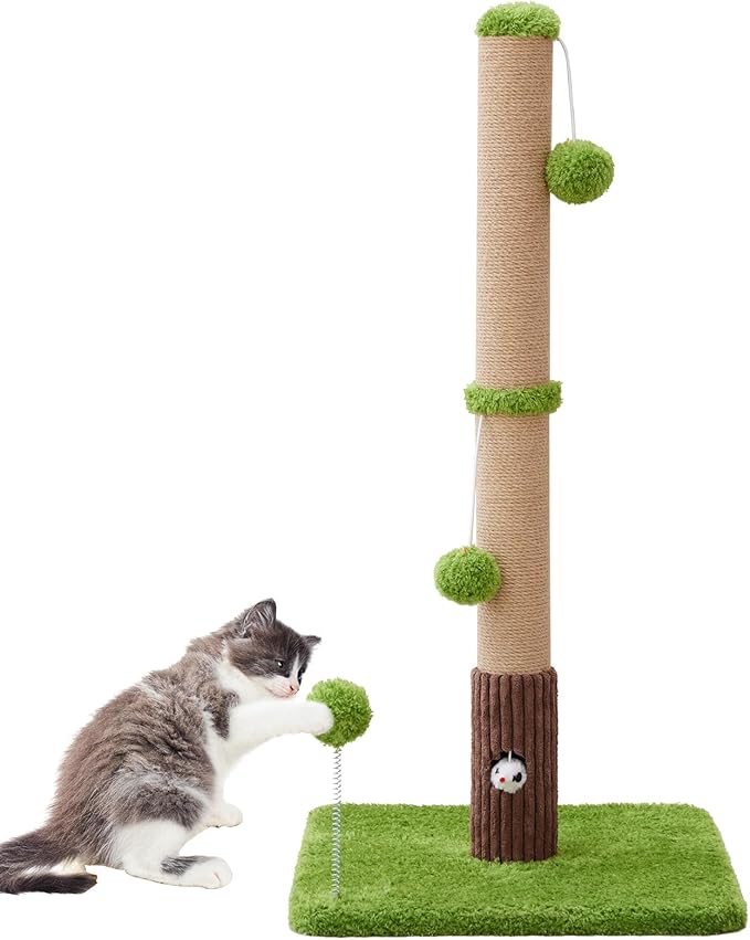 33" Tall Cat Scratching Post for Indoor Cats, Premium Sisal Scratch Posts with Cat Toys and Fun Mouse Holer for Cats at All Ages, Scratcher Tree with Reinforced Stable Base (Green)-Mewly Pet