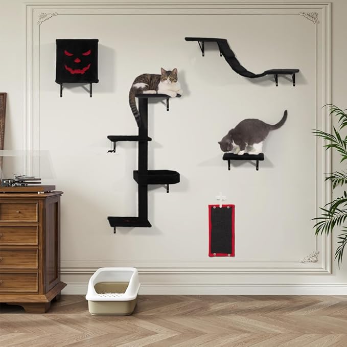 COZIWOW Wall-Mounted Cat Tree | Space-Saving Feline Furniture with Multiple Levels | Durable Scratch Post for Indoor Cats, Black&Red-Mewly Pet